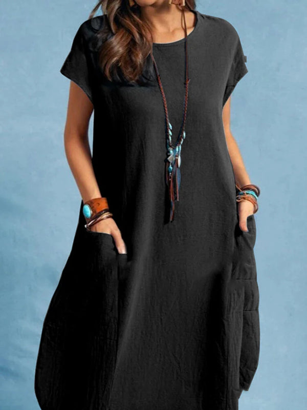 ZANZEA Plus Size Women Mid Long Dress Solid Pocket Short Sleeve Round Neck Cotton Casual Beach Midi Dress