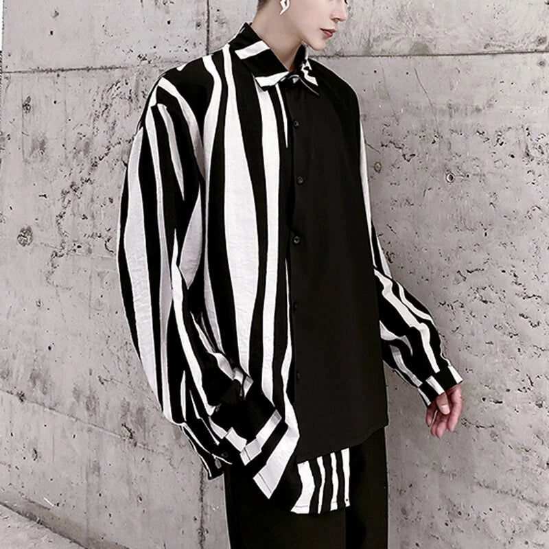 INCERUN Men Patchwork Zebra Stripe Shirt Fashion Slant Placket Casual Lapel Long Sleeve Shirt Loose Large Size Shirt S-5XL for Spring Fall