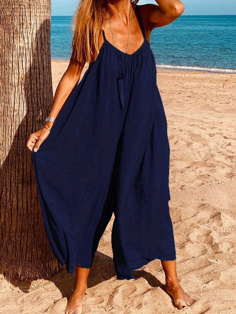 Women Sleeveless Straps Loose Solid Wide Leg Jumpsuits
