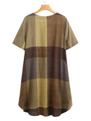 Women Vintage Plaid Print Button Front O-Neck Short Sleeve Loose Casual Shirt Dress With Pocket