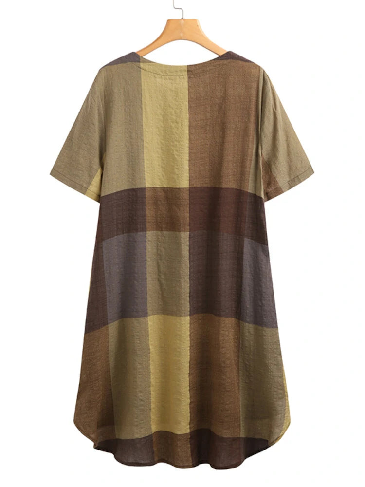 Women Vintage Plaid Print Button Front O-Neck Short Sleeve Loose Casual Shirt Dress With Pocket