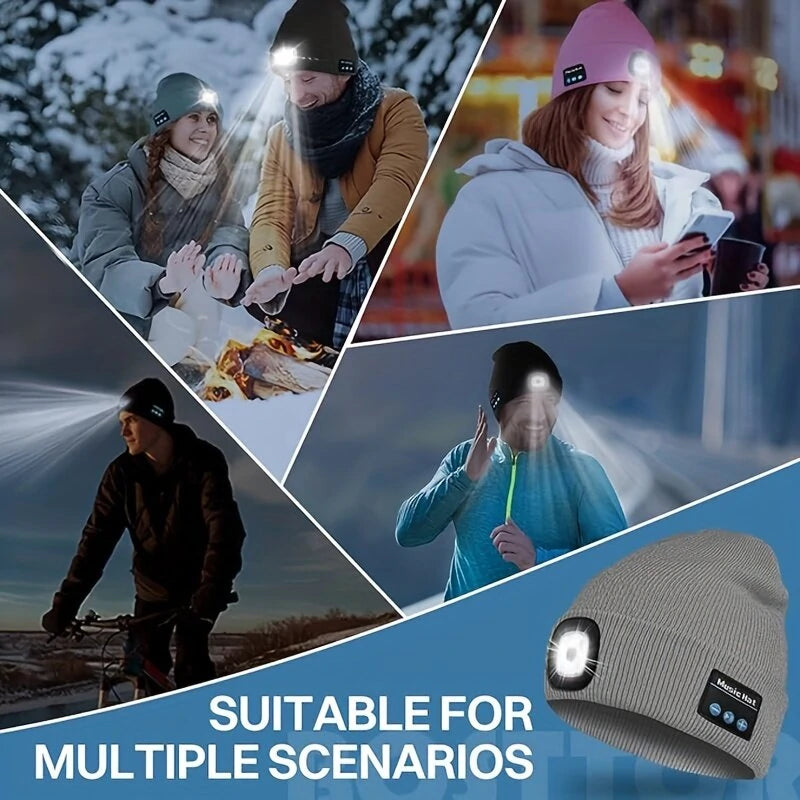 LED Light Bluetooth Beanie Unisex Warm Knitted Beanie 3 Light Modes Waterproof Rechargeable Wireless Music Flashlight Hat for Camping Jogging Fishing Cycling