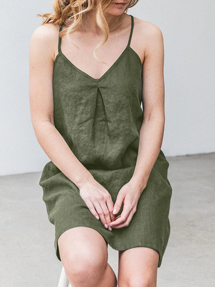 ZANZEA Solid Pocket Spaghetti Strap Backless Dress For Women