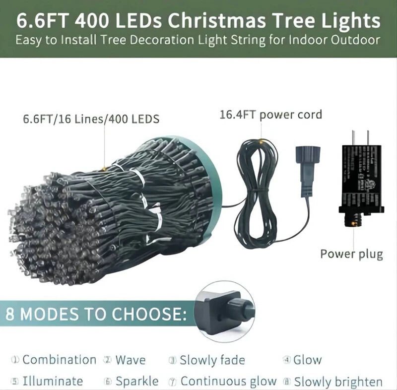 6.6 FT 16 Lines 400LED 8 Modes Christmas Tree Lights Decoration Tree Top Lights String Courtyard Garden Outdoor Waterproof Waterfall Lights LED Lights