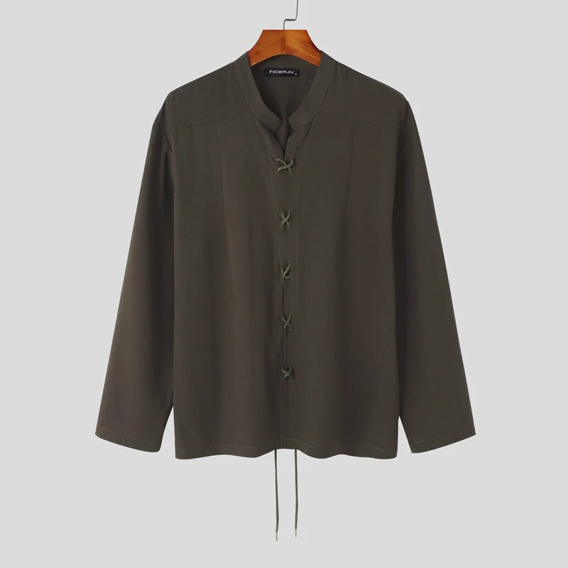 INCERUN Mens V Neck Long Sleeve Shirt Fashion Solid Color Lace Up Top Shirt for Male