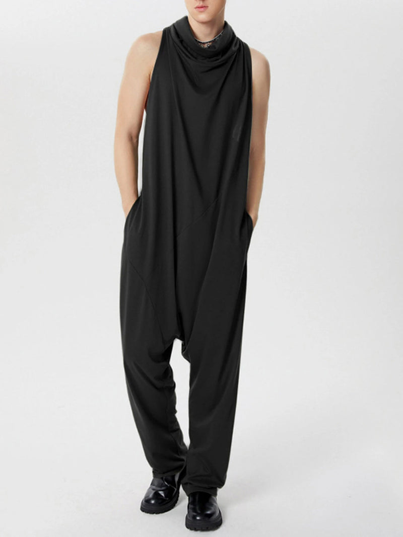 INCERUN Men's Solid Color Jumpsuits Stacked Collar Sleeveless Back Zipper Overalls