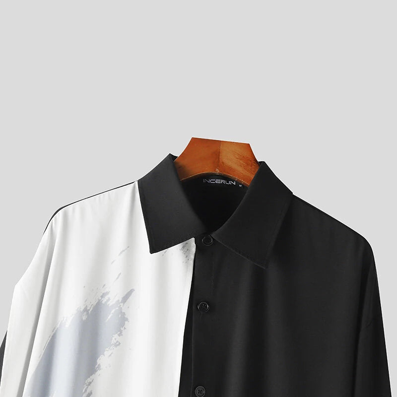 INCERUN Mens Patchwork Mid-Length Loose Long Sleeve Shirt Casual Fashion Design Lapel Top for Men Plus Size, Spring Fall