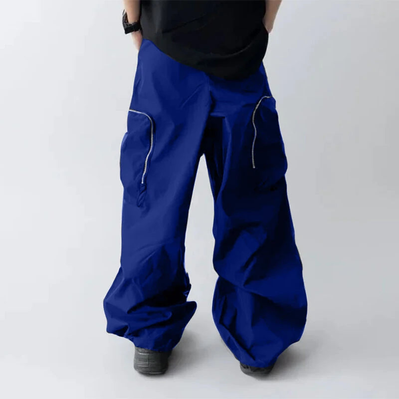 INCERUN Mens Zipper Big Pocket Pleated Design Pant Wide Legged Trousers Casual Solid Color Elastic Waist Pant S-5XL