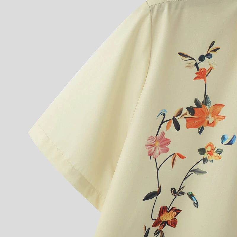 INCERUN Mens Floral Print Lapel Collar Short Sleeve Shirt Casual Daily Button Up Lapel Top FOR Men S-5XL