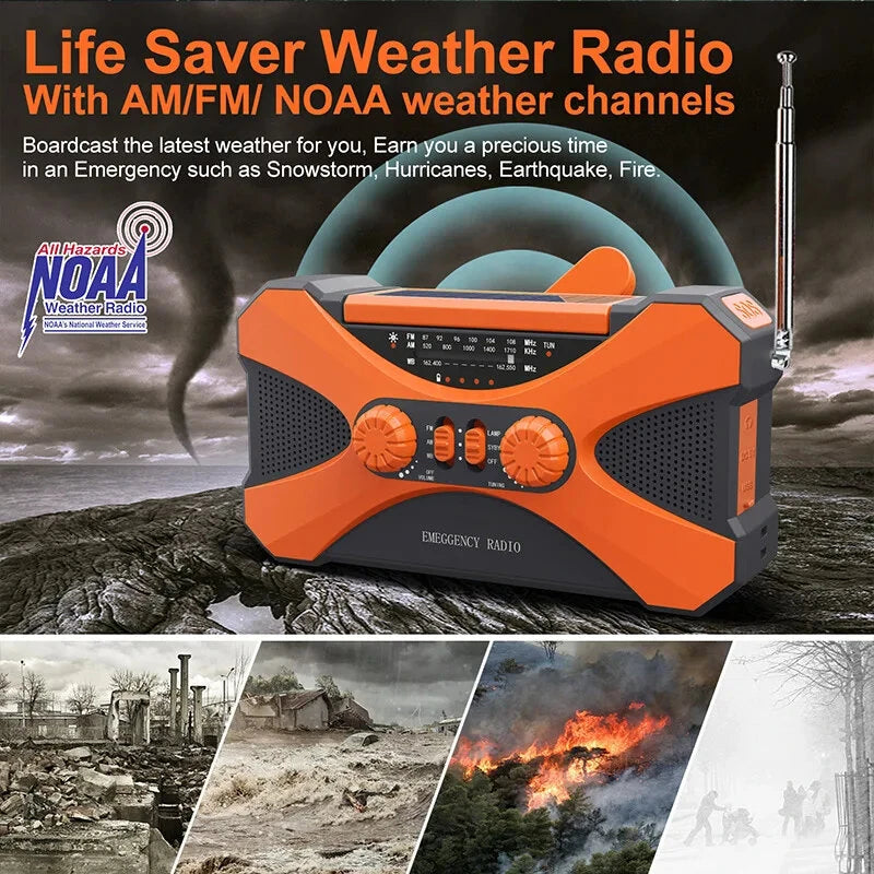 10000mAh Emergency Flashlight Torch Power Bank Solar Radio with Flashlight Aste Solar Hand Crank USB AM FM NOAA Weather Radios Home Outdoor Emergency Equipment