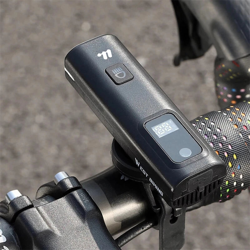 WEST BIKING Smart LED Digital Display Bike Headlight 1500mAh Battery Type-C Charging Waterproof Mini Portable Bicycle Front Light for MTB Bike Road Bike Flashlight