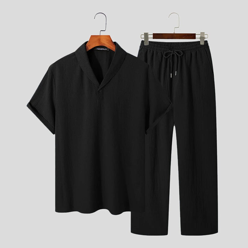 INCERUN Men Sets Summer Solid Color Casual Mens Two-piece Suits Lightweight Short Sleeved Shirt & Pant with Pockets