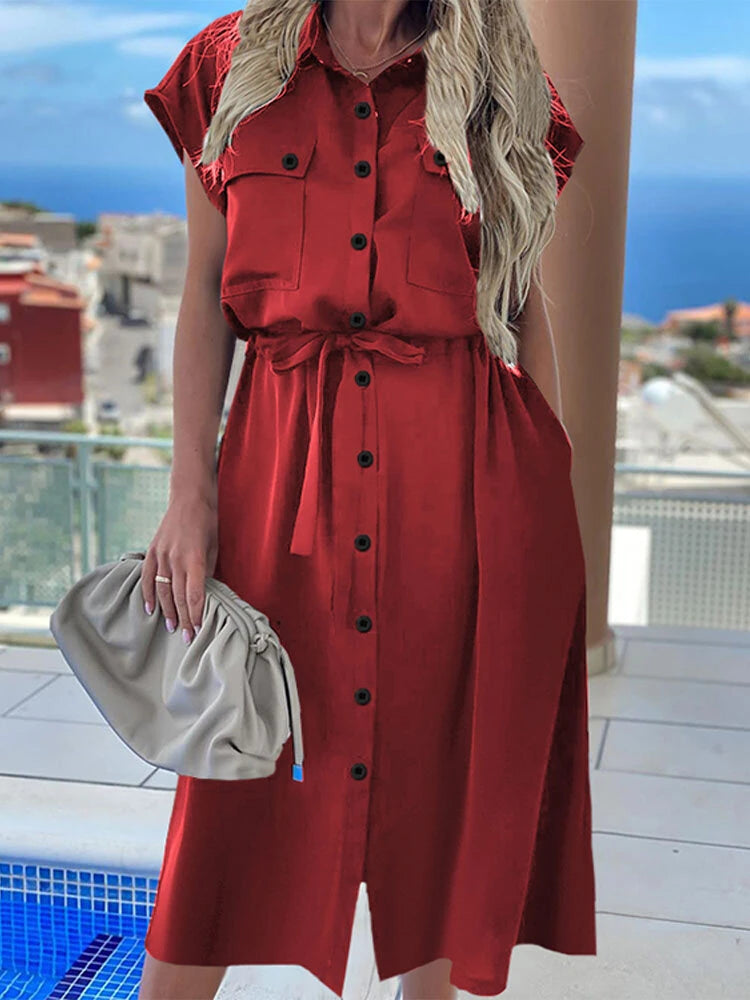 Celmia Plus Size Women Long Dress Short Sleeve Lapel With Side Pocket Casual Streetwear Overalls Dresses For Women