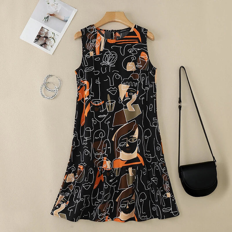 ZANZEA Elegant Style Women's Dresses Sleeveless Round Neck Printed A-Line Mermaid Dress