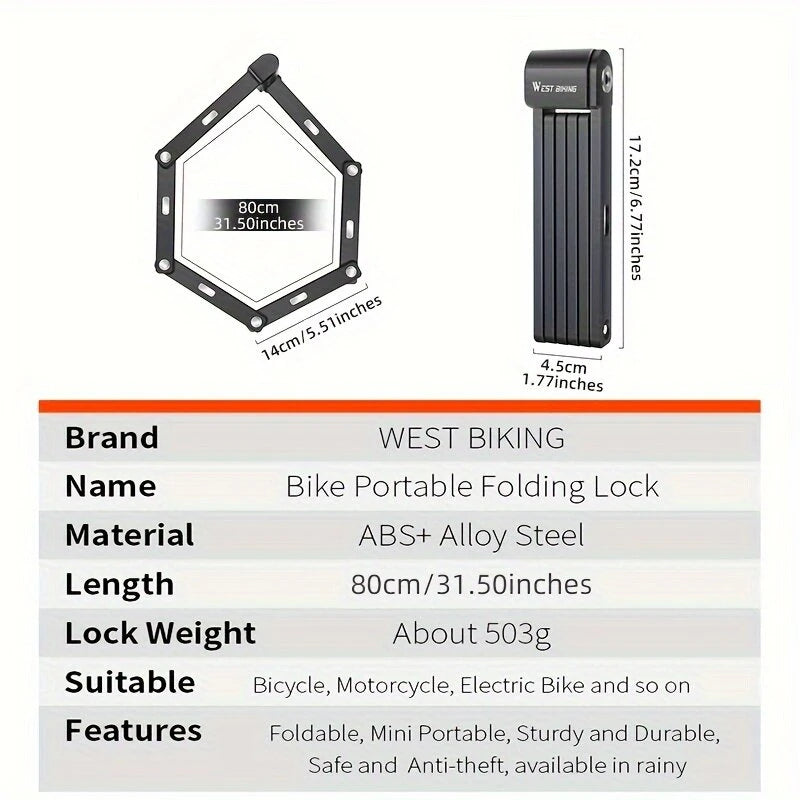 WEST BIKING Bike Portable Folding Lock C-level Anti-theft Waterproof Dustproof Universal Alloy Steel Security Cycling Lock for Bicycle E-Bike