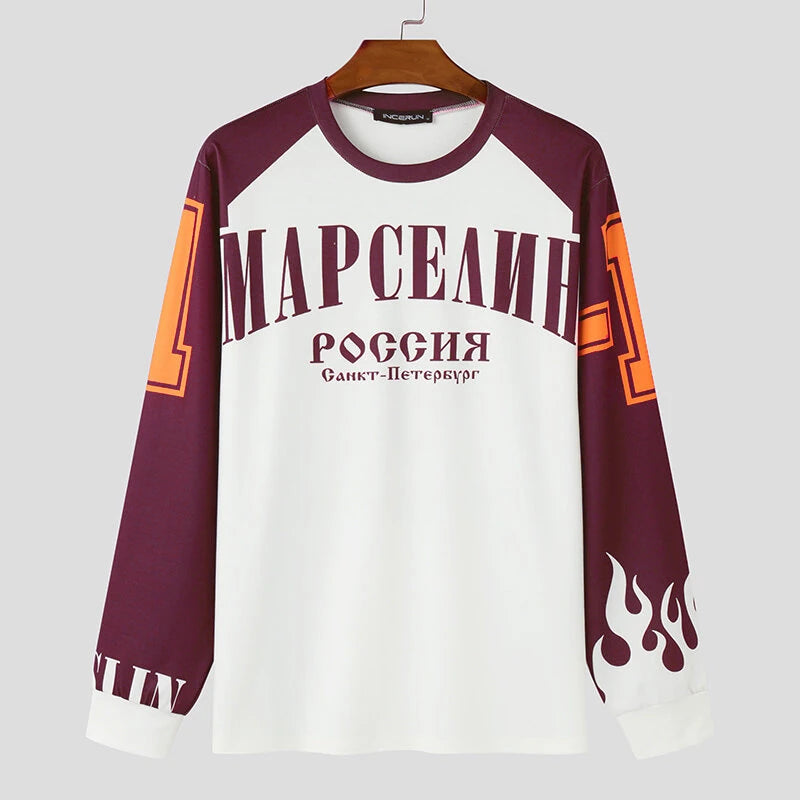 INCERUN Mens Casual Color-Block Long-Sleeve T-Shirt Fashion Loose Fit Crew Neck Racing Tshirt for Male S-5XL