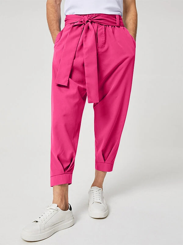 INCERUN Men Pants Fashion Solid Color Bow Knot Trousers Men Streetwear Elastic Waist Harem Pants