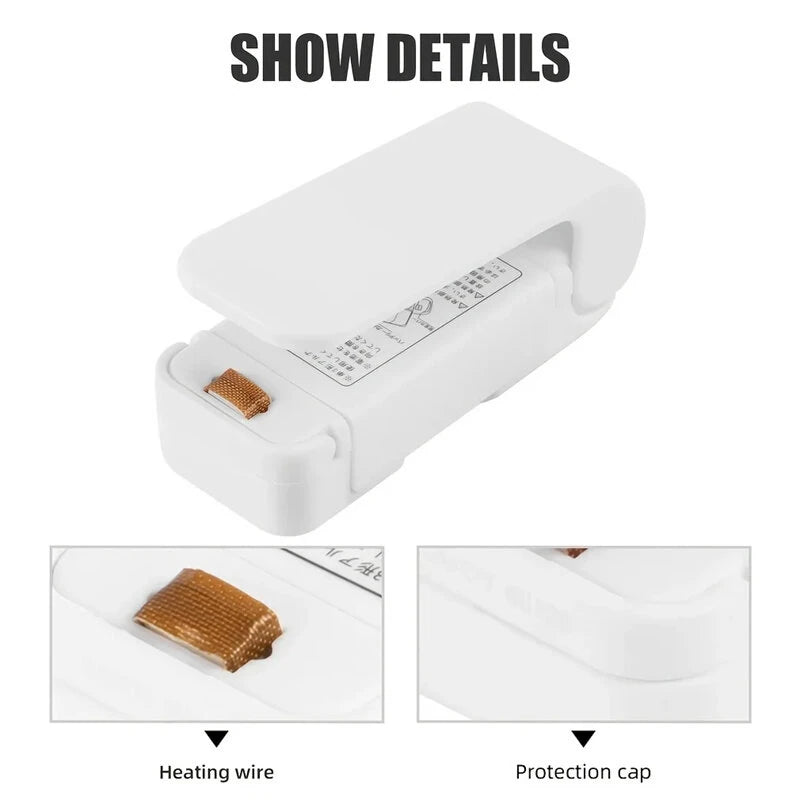 Portable Bag Heat Sealer Plastic Package Storage Bag White Mini Home Sealing Clip Food Snack Fruit Fresh Keeping Gadgets