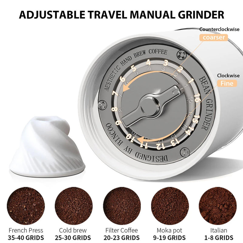 Bincoo Portable Manual Coffee Grinder with Ceramic Core Adjustable Grind Settings Travel-Friendly 25g Capacity Compact for Home & Camping