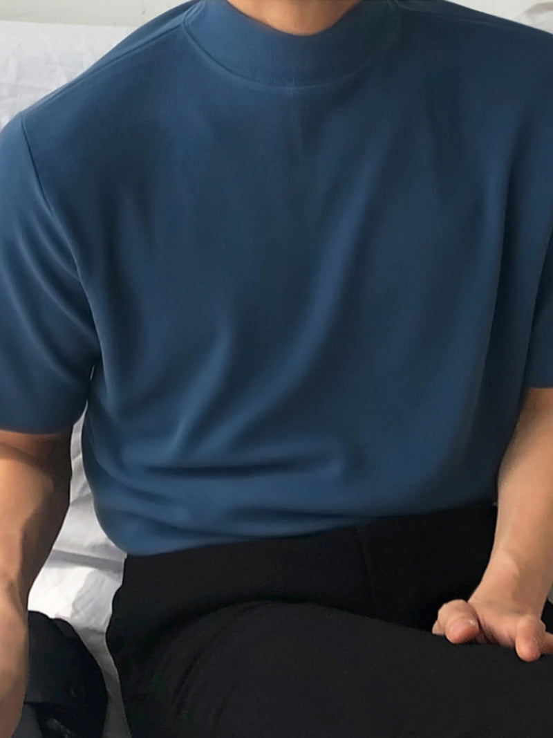 INCERUN Mens Casual Stand Collar Top Solid Color Short Sleeve T-Shirt