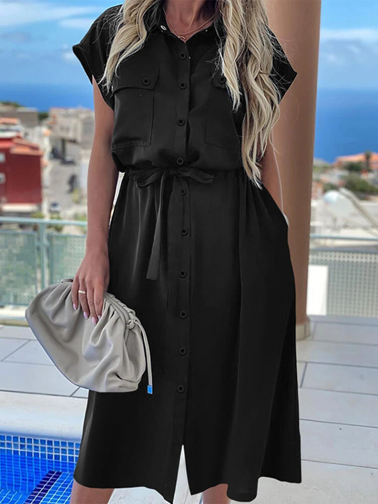 Celmia Plus Size Women Long Dress Short Sleeve Lapel With Side Pocket Casual Streetwear Overalls Dresses For Women