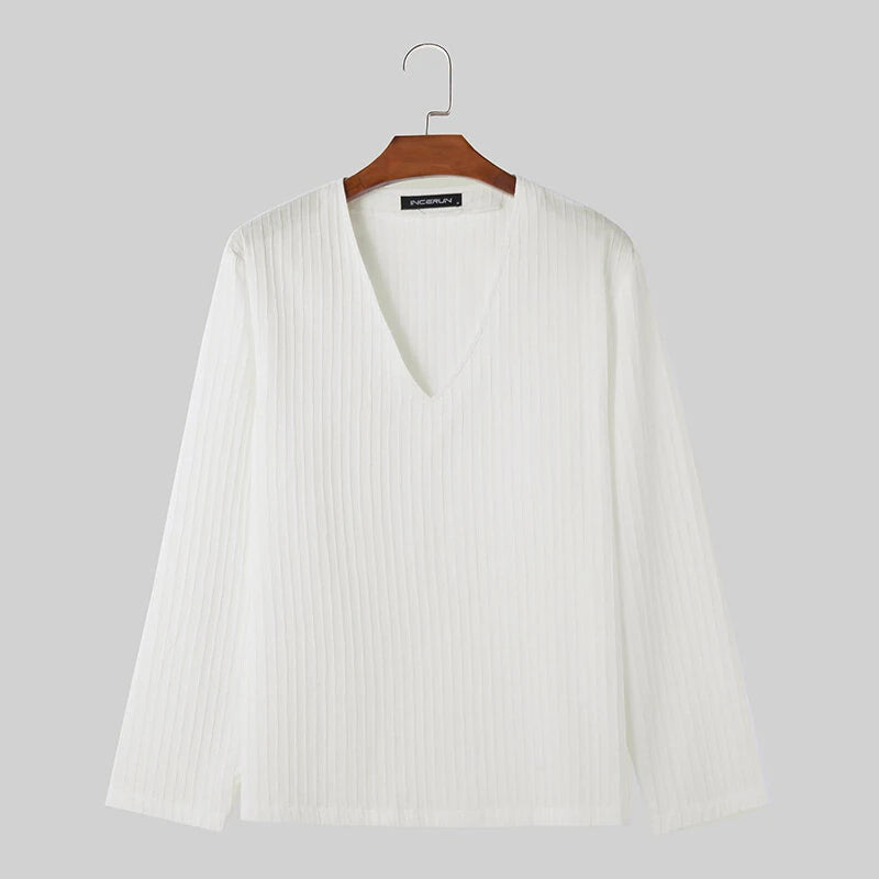 INCERUN Men Fashion V-neck Long Sleeve T-shirt Comfy Loose Fit Solid Color Tshirt Top for Men Plus Size, Spring Fall