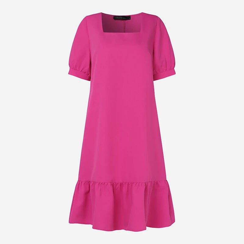 ZANZEA Women's Dresses Summer Vintage Casual Lantern Sleeve Ruffled Trim Square Neck Loose Solid Dress