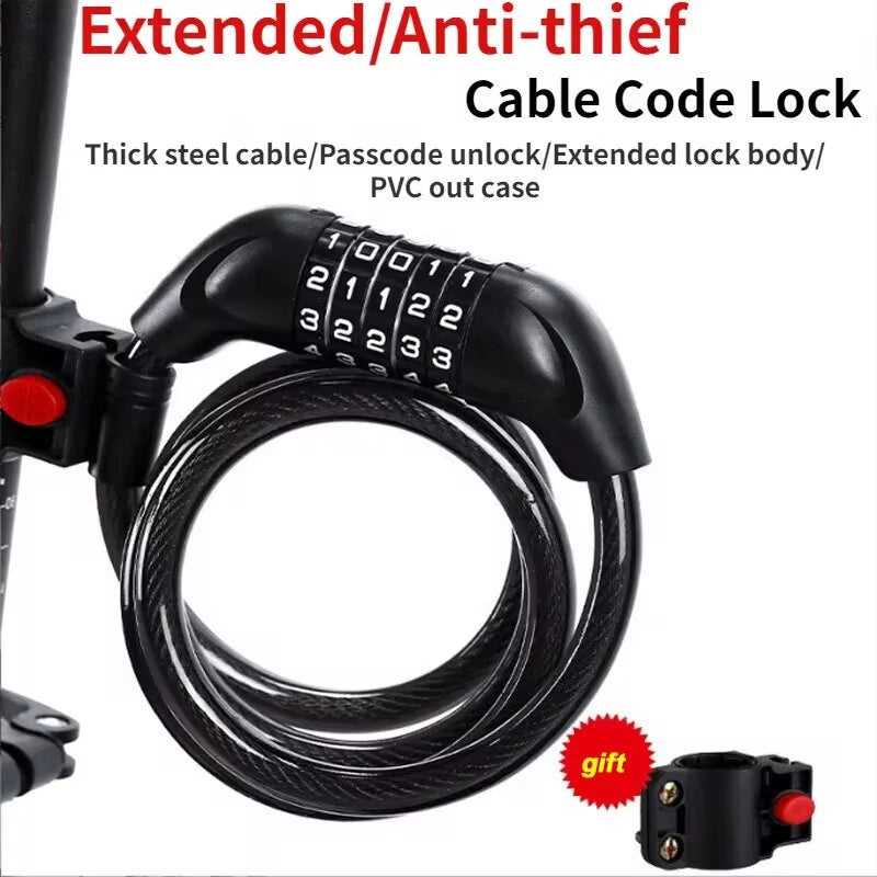 XANES Bike Lock Steel Password Lock Five-digit Code Anti-theft 120CM Portable Safety Cable Lock for MTB Bike Electric Bike Scooter Motorcycle