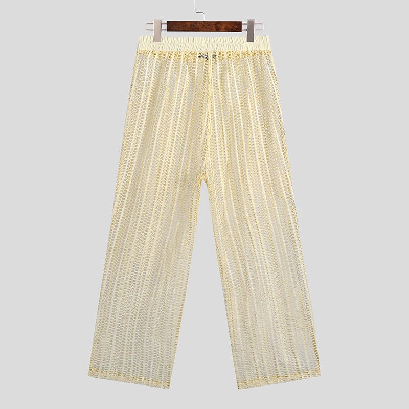 INCERUN Men Pants Fashion Loose Fit Mesh Hollow Out Beach Trousers Summer Comfy Beige Pants