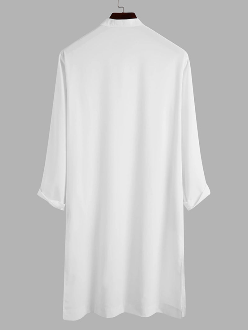 INCERUN Men Robes Long Sleeve Solid Color Long Tops Stand Collar Button Long Shirt with Side Pocket Casual Daily Male Robes