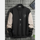 ChArmkpR Mens Smile Face Print Contrast Patchwork Pullover Sweatshirts