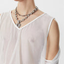 INCERUN Mens T-shirt Fashion Scooped Long Sleeves Tshirt Thin Mesh See Through Lace Up Design Tee Summer Cool Party Top Male