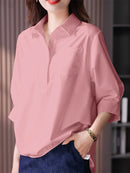 ZANZEA Womens Lapel Blouses 3/4 Length Sleeve Solid Color Shirts with Chest Pocket