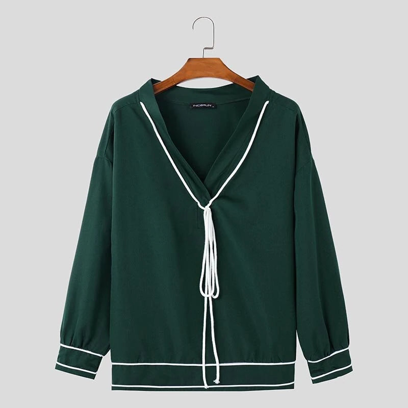 INCERUN Mens Twist Patchwork V-Neck Long Sleeve T-Shirt Fashion Solid Color Drawstring Design Tshirt
