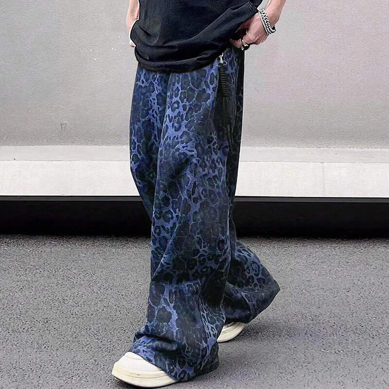 INCERUN Mens Leopard Print Daily Pant Side Zipper Design Fashion Loose Fit Long Trousers for Men Large Size S-5XL