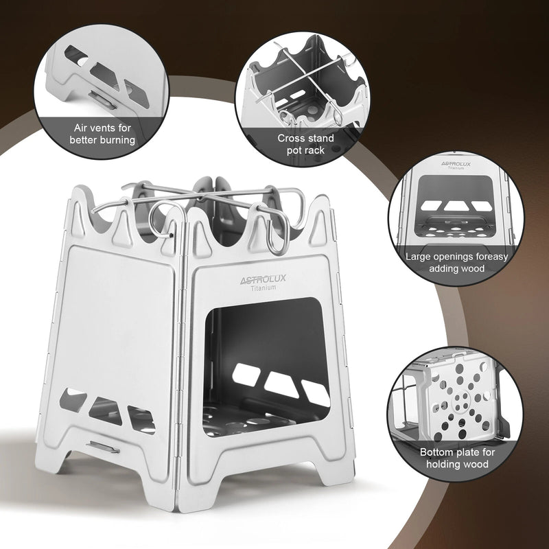 Astrolux Ti-BS1 Titanium Backpacking Stoves Titanium Camping Stove Folding Wood Burning Stove Pocket Stove Portable Lightweight Backpacking Stove for Outdoor Camping Hiking Backpacking Picnic BBQ