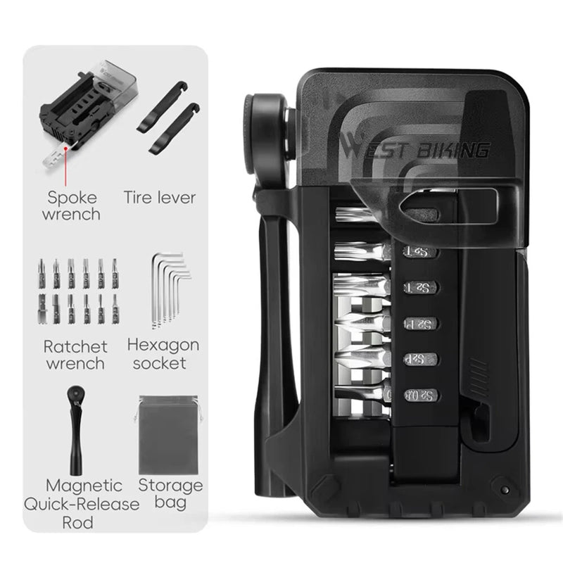 WEST BIKING Portable Bicycle Repair Tool Kit with Ratchet Wrench Tyre Lever Magnetic Screwdriver Allen Keys Multi-Tool Box
