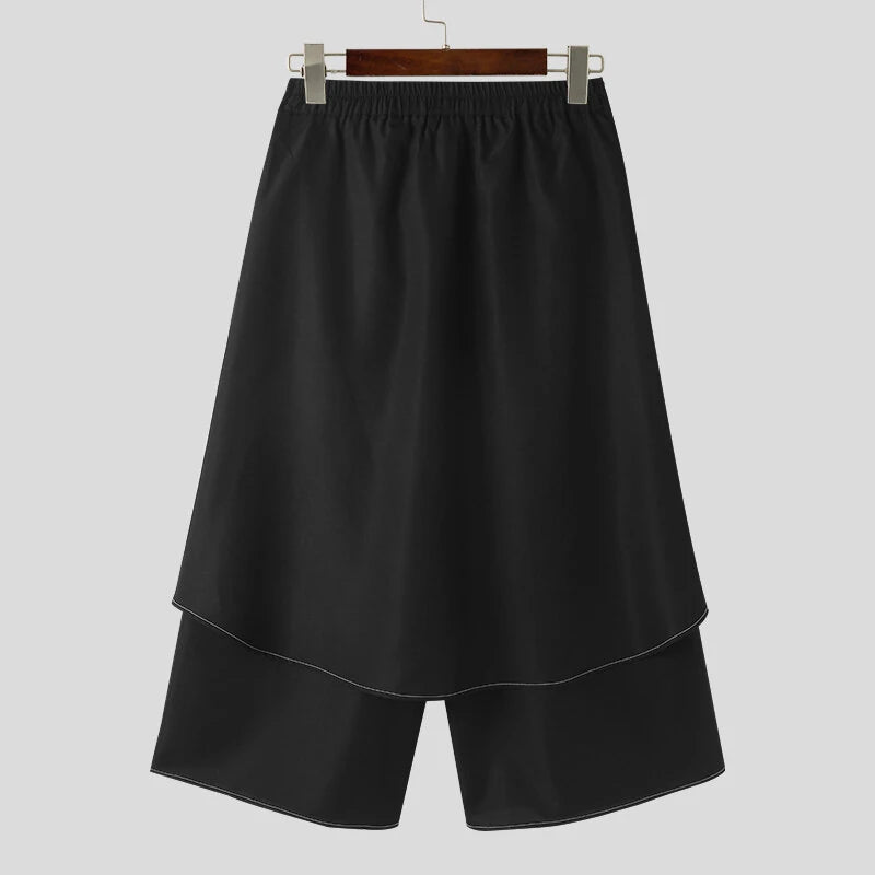 INCERUN Mens Topstitching Irregular Layered Design Black Pants Skirt Design Hemmed Trousers
