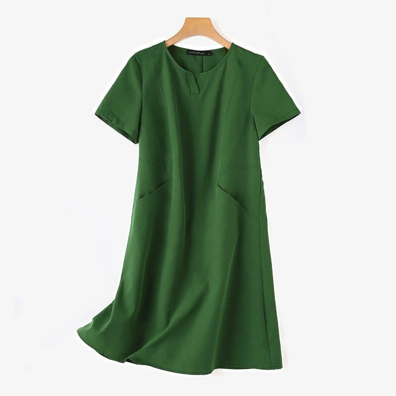 ZANZEA Women Daily Casual Side Pockets V-Neck Short Sleeves Solid Color Dresses