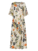ZANZEA Plus Size Women Beach Long Dress Retro Floral Printed Round Neck Three Quarter Sleeve Pleated Beach Maxi Dresses