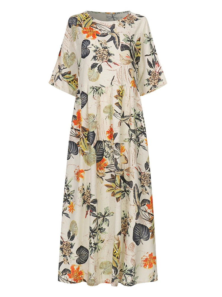 ZANZEA Plus Size Women Beach Long Dress Retro Floral Printed Round Neck Three Quarter Sleeve Pleated Beach Maxi Dresses