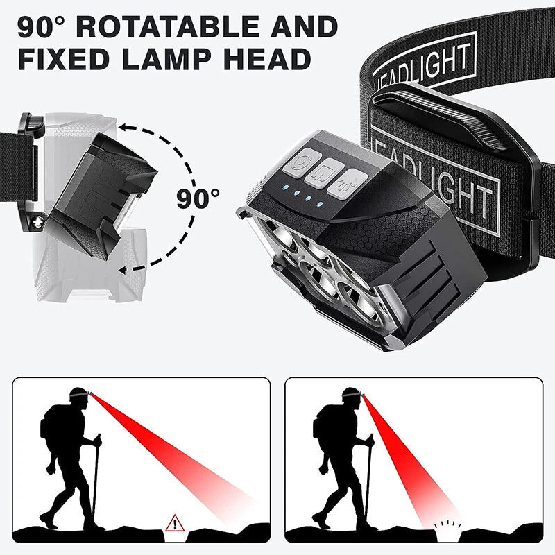 1200LM Super Bright Motion Sensor Headlamp Outdoor Waterproof Head Flashlight USB Charging Headlight for Fishing Camping Search Light