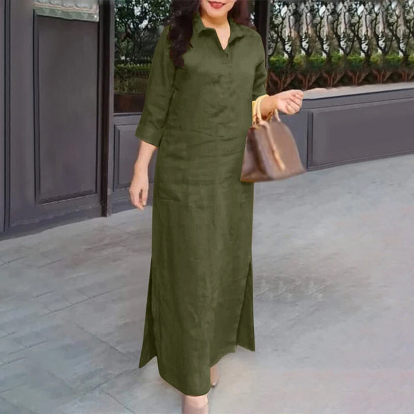 ZANZEA Women's Dresses Turn-Down-Collar 3/4 Sleeve Elegant Office Side Split Plain Maxi Shirt Dress