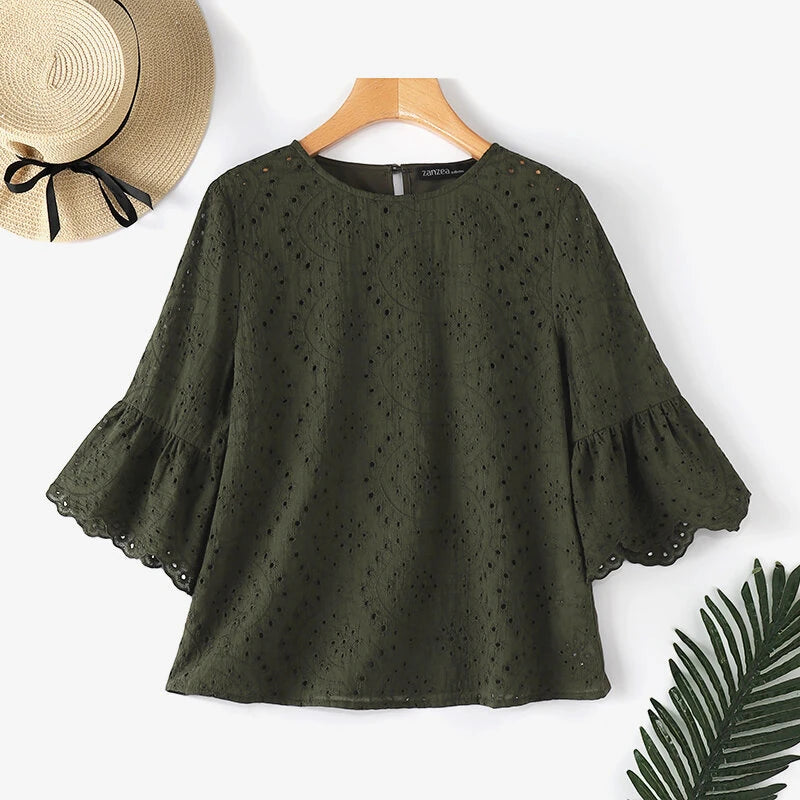 ZANZEA Women Korean Casual Shirt Daily Embroidery Hollow Ruffle Sleeve Blouses