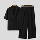 INCERUN Men's Two-piece Outfits, Suit Collar Draped Short Sleeve Shirt + Pant, Casual Comfy Loose Suits For Summer