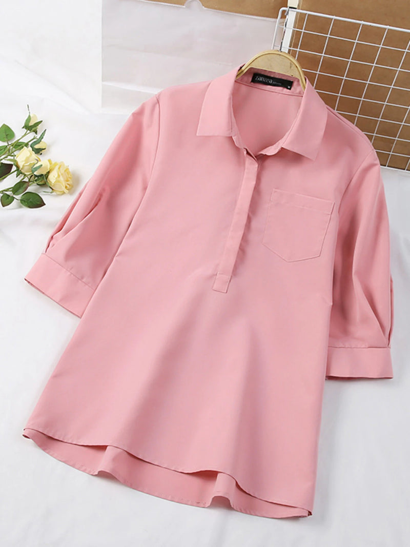 ZANZEA Womens Lapel Blouses 3/4 Length Sleeve Solid Color Shirts with Chest Pocket