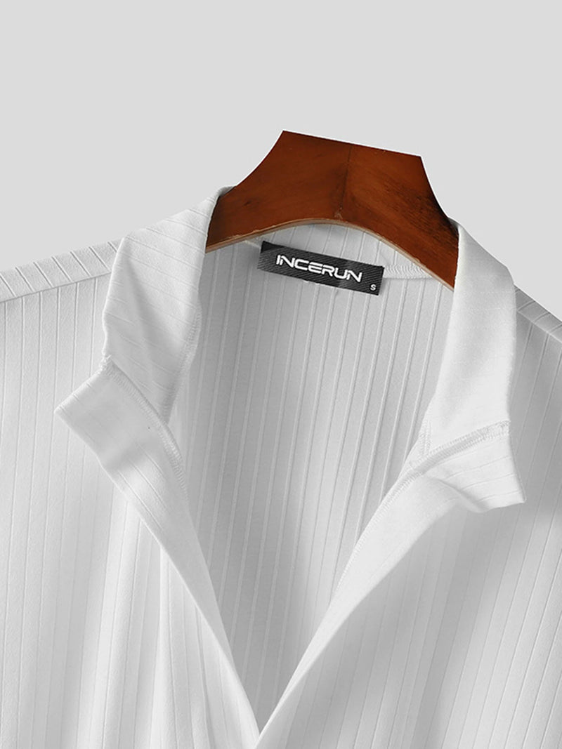 INCERUN Mens Thin Knitted Fabric Cut-off Short Sleeve Tops Lapel Shirts