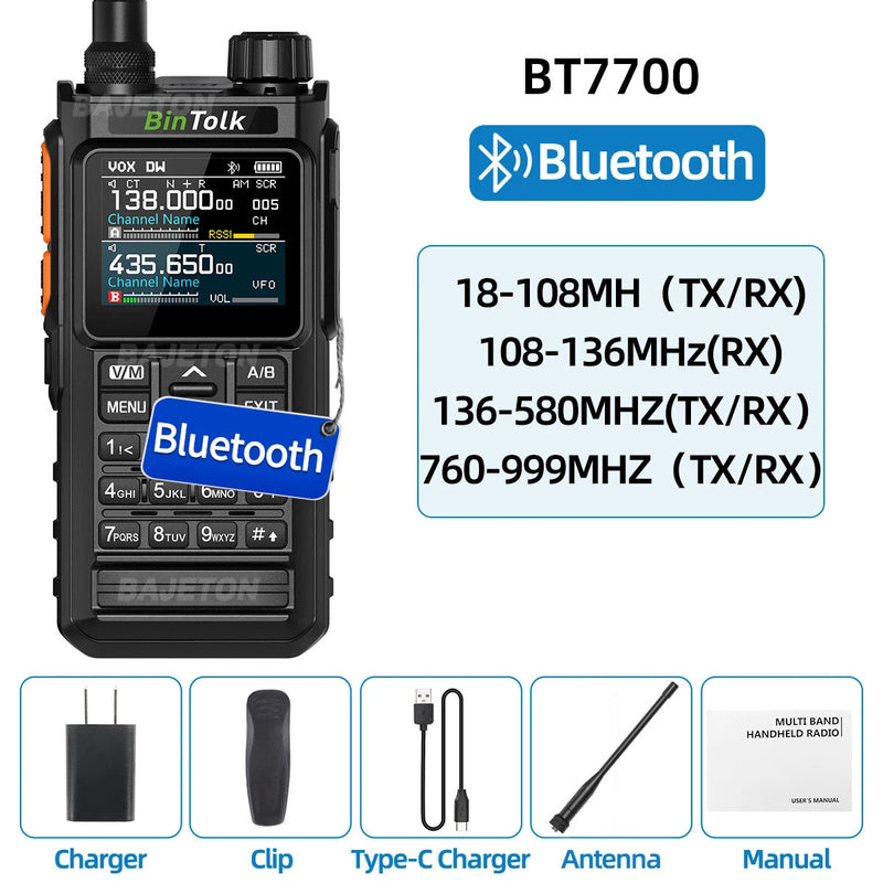 BinTolk BT7700 Walkie Talkie Multi Band Wireless Bluetooth Phone Programming Noise Reduction AM FM Type-C Charging Ham Radio for Outdoor Camping