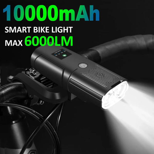NEWBOLER Smart Bike Headlight 6000 Lumens Big Floodlight 10000mAh Battery Power Bank Waterproof Auto-light adjustment Front Light for MTB Road Cycling