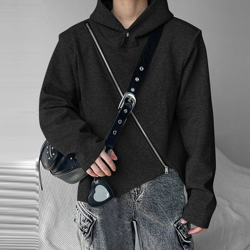 INCERUN Men Hooded Sweatshirts Trendy Asymmetric Zip Long Sleeve Hoodie with Irregular Hem for Fashion-forward Males Clothing
